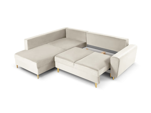 Cosmopolitan Design Uitklapbare hoekbank links met opbergdoos Kyoto 5-zits, flueel, lichtbeige - 194x243x88cm