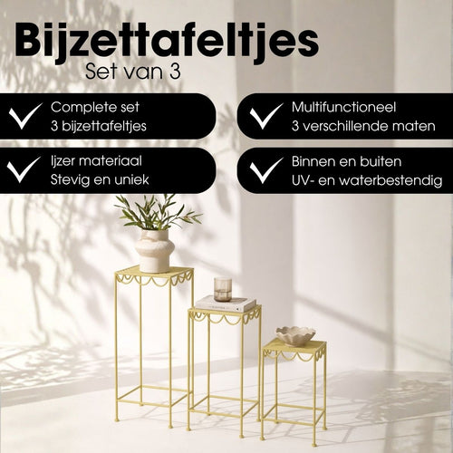 Mica Decorations Rosalie Planttafel voor Buiten - Plantenrek Set van 3 - Plantenstandaard voor Kamerplanten - Inklapbaar - IJzer - Lichtgroen
