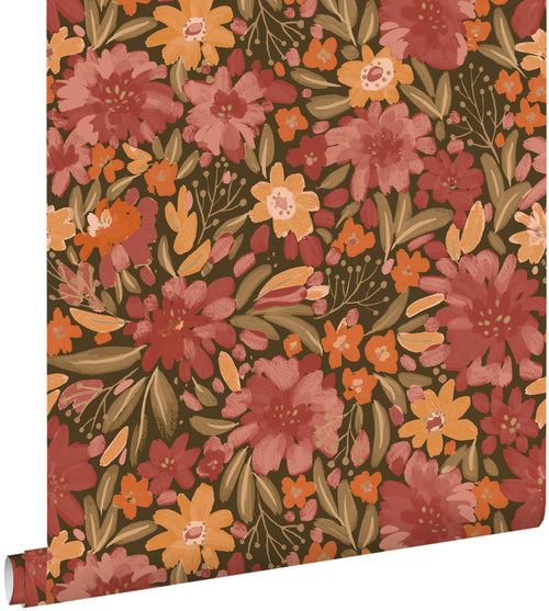 ESTAhome behang bloemen groen, rood en oranje - 50 x 900 cm - 132197