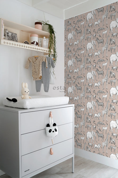 ESTAhome behang jungle dieren oudroze en grijs - 53 cm x 10.05 m - 139271
