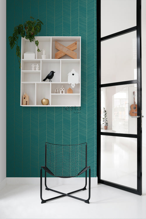 ESTAhome behang visgraat-motief smaragd groen en goud - 53 cm x 10.05 m - 139200
