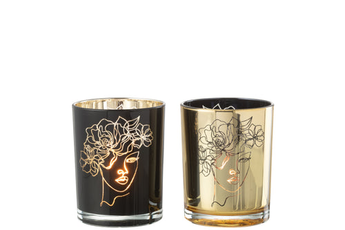 J-Line windlicht dame haar bloemen - glas - zwart/goud - medium - 2 stuks