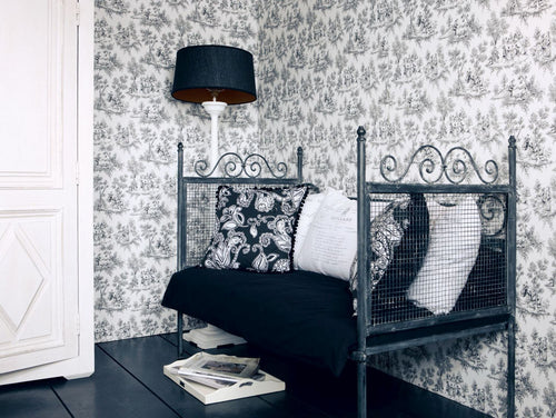 ESTAhome behang toile de jouy print zwart - 53 cm x 10.05 m - 136820