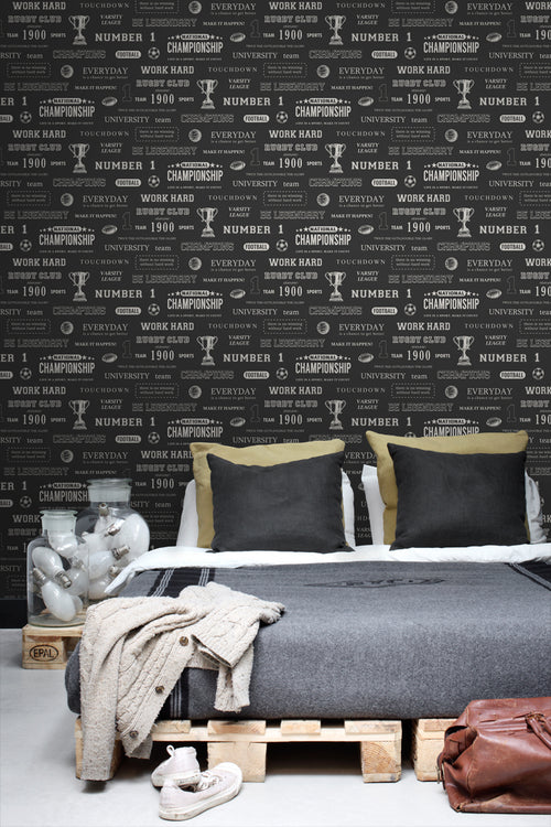 ESTAhome behang sportquotes zwart - 53 cm x 10.05 m - 128815