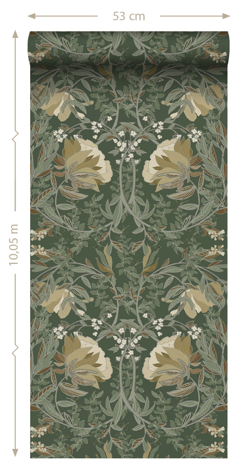 ESTAhome behang vintage bloemen in art nouveau stijl donkergroen - 0.53 x 10.05 m - 139420 - vtwonen shop