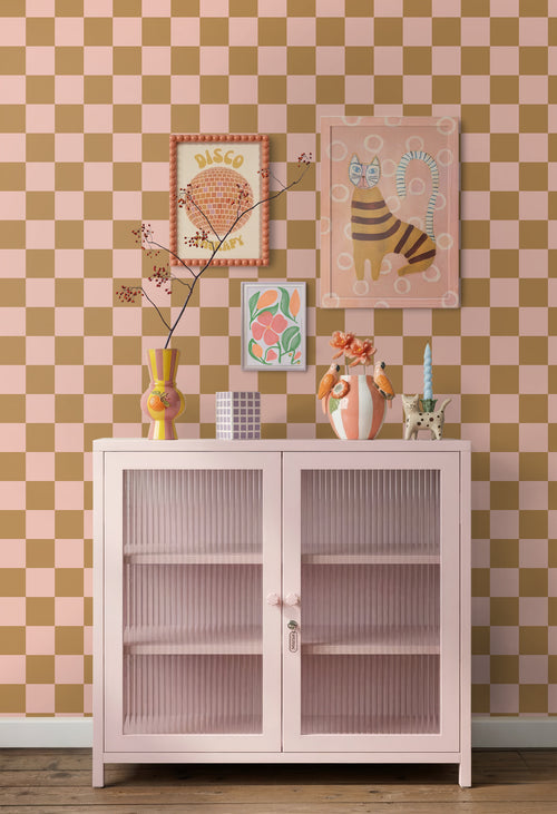 ESTAhome behang geblokt motief roze en bruin - 53 cm x 10.05 m - 131420