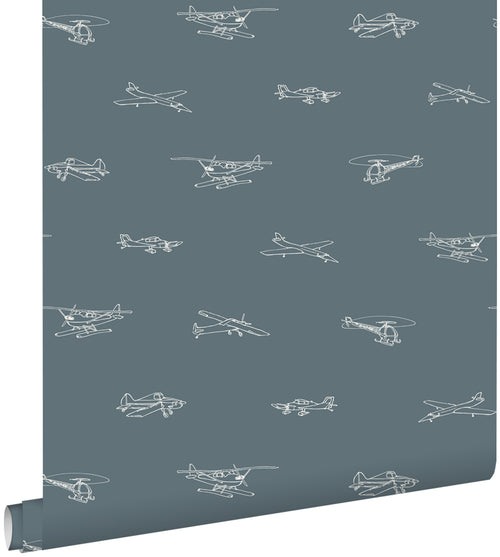 ESTAhome behang helikopters en vliegtuigen vergrijsd blauw - 53 cm x 10.05 m - 139509