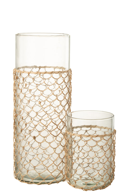 J-Line vaas Breiwerk - glas/riet - transparant - large - 42.5 cm hoog