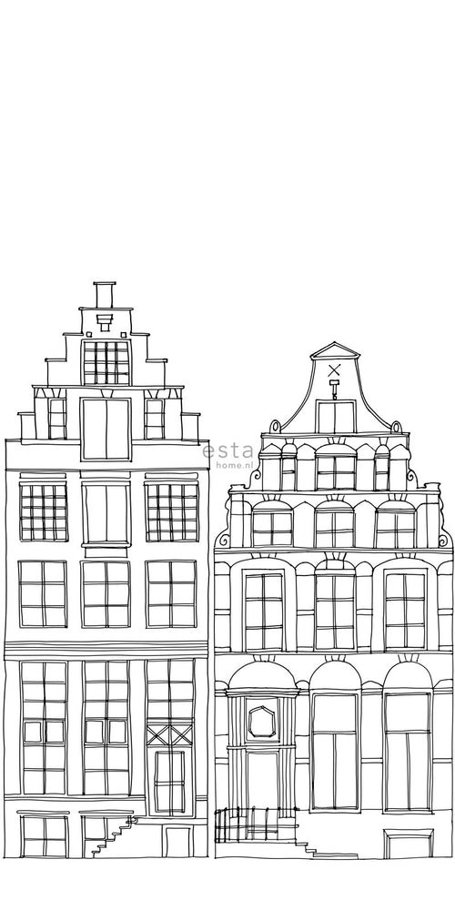 ESTAhome fotobehang getekende Amsterdamse grachtenhuisjes zwart en wit - 150 x 279 cm - 158834 - vtwonen shop