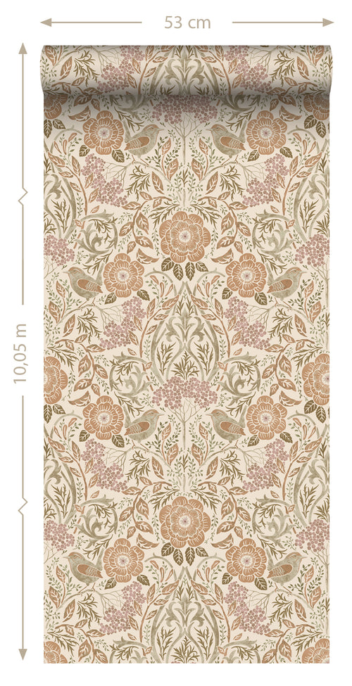 ESTAhome behang bloemen en vogels in art nouveau stijl zandkleurig, beige en oudroze - 0.53 x 10.05 m - 139566 - vtwonen shop