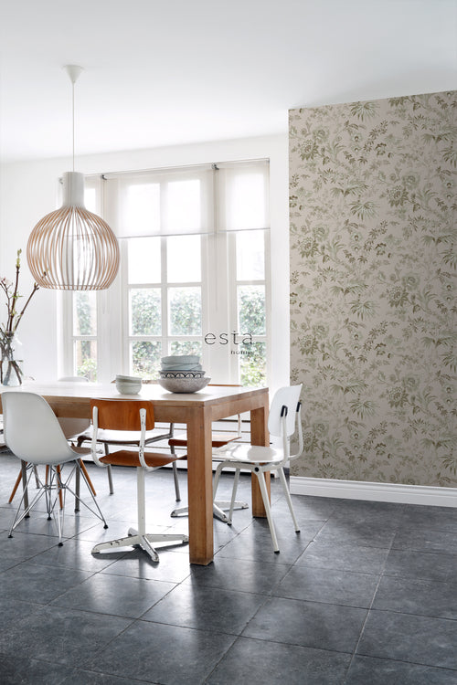 ESTAhome behang vintage bloemen oudroze en olijfgroen - 53 cm x 10.05 m - 139401