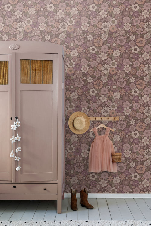 ESTAhome behang retro bloemen oudroze en aubergine paars - 53 cm x 10.05 m - 131135