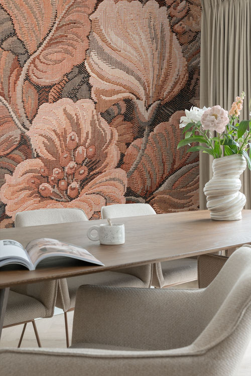 ESTAhome fotobehang geborduurd bloemmotief terracotta bruin - 250 x 279 cm - 159465