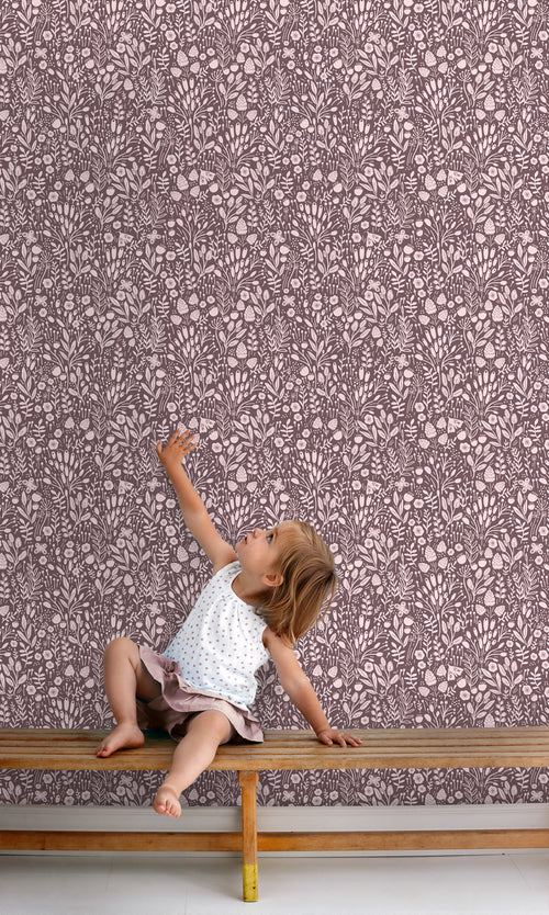 ESTAhome behang bloemetjes aubergine paars - 50 x 900 cm - 131254 - vtwonen shop