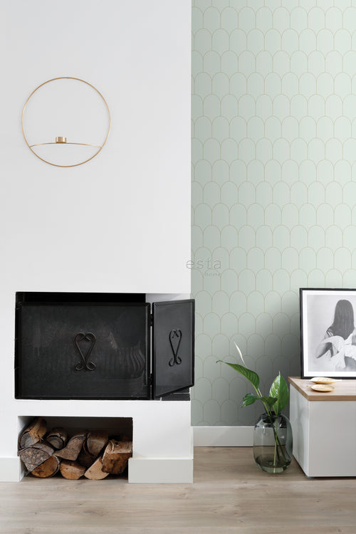 ESTAhome behang art deco motief mintgroen en goud - 53 cm x 10.05 m - 139202