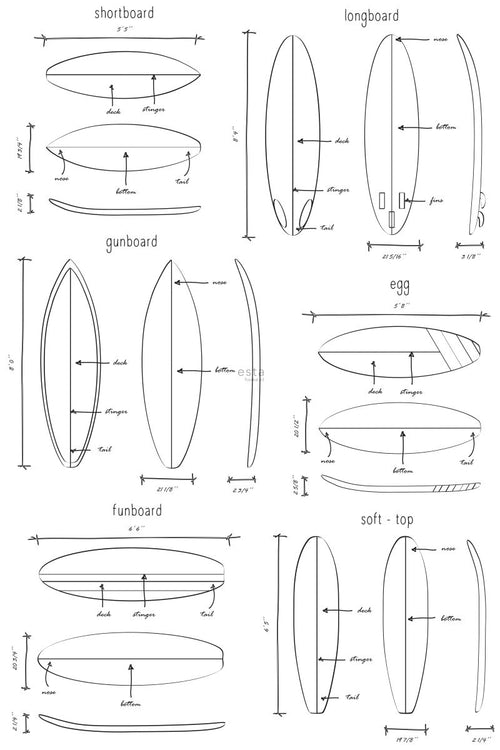 ESTAhome fotobehang technische tekeningen van surfplanken zwart en wit - 200 x 279 cm - 158848 - vtwonen shop