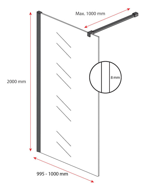 Badplaats Douchewand Florida 100 x 200 cm – Zwart – Inloopdouche 8 mm Veiligheidsglas