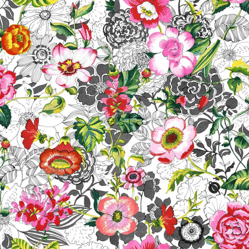 ESTAhome XXL behang funky bloemen roze, rood, groen, zwart en wit - 50 x 900 cm - 158501 - vtwonen shop