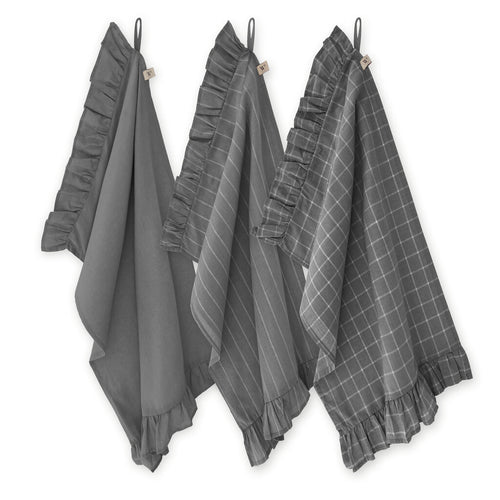 Walra - Keukenset Lovely Linen Ruffles - 3x 50x70 cm - Antraciet