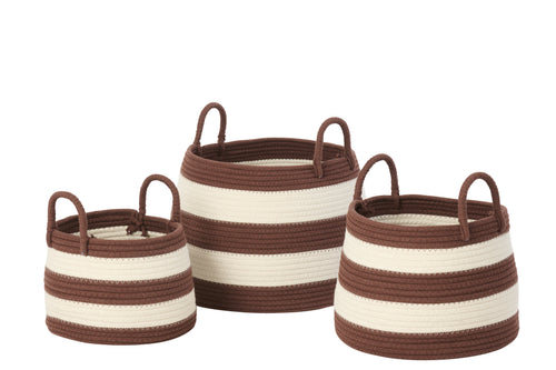 J-Line mand met handvat Rond Gestreept - polyester - donkerbruin - wit - set van 3