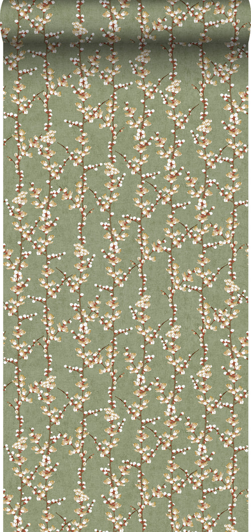 Sanders & Sanders behang bloesemtak vergrijsd olijfgroen en wit - 53 cm x 10 m - 640182
