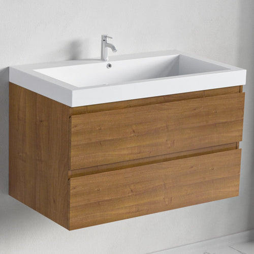LOMAZOO badmeubelset Avalon - met hoge kast & witte wastafel - warm eiken - 80 cm