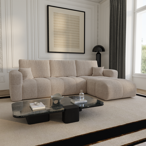 Premium Interiors - Rechthoekige hoekbank met slaapfunctie en opbergruimte VIBE - zacht aanvoelende geweven stof beige 286cm