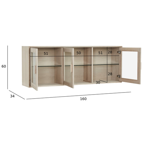 Furnhouse 3-deurs wandkast Porto - Witte olie - MDF, Eikenfineer, Glas - 34x160x60