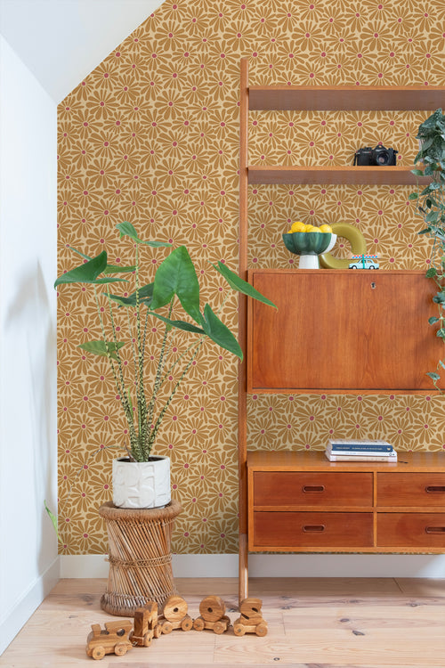 ESTAhome behang madeliefjes okergeel en roze - 50 x 900 cm - 131152 - vtwonen shop