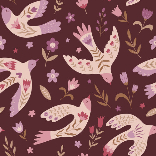 ESTAhome behang bloemen en vogels aubergine paars - 50 x 900 cm - 131759