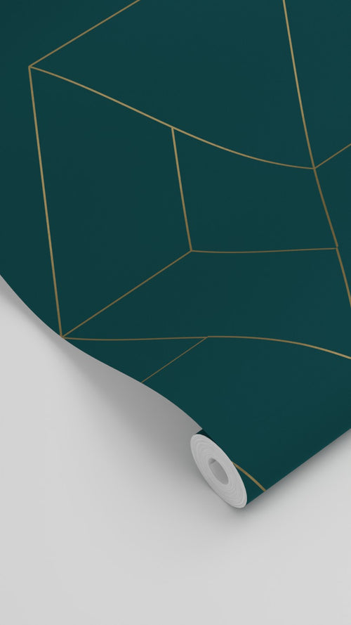 ESTAhome behang grafische lijnen petrolblauw en goud - 50 x 900 cm - 139947 - vtwonen shop