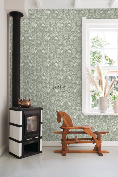 ESTAhome behang bloemen en vogels in art nouveau stijl vergrijsd groen - 53 cm x 10.05 m - 139293