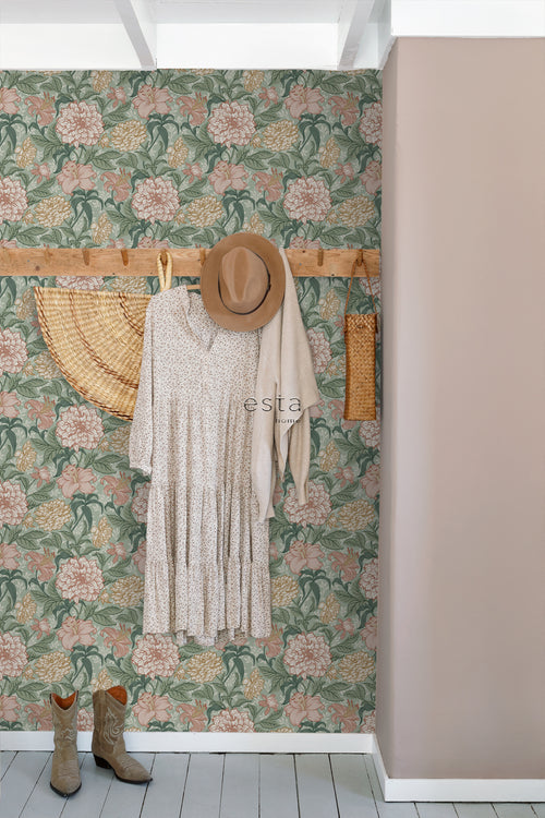 ESTAhome behang vintage bloemen groen en oudroze - 53 cm x 10.05 m - 139378