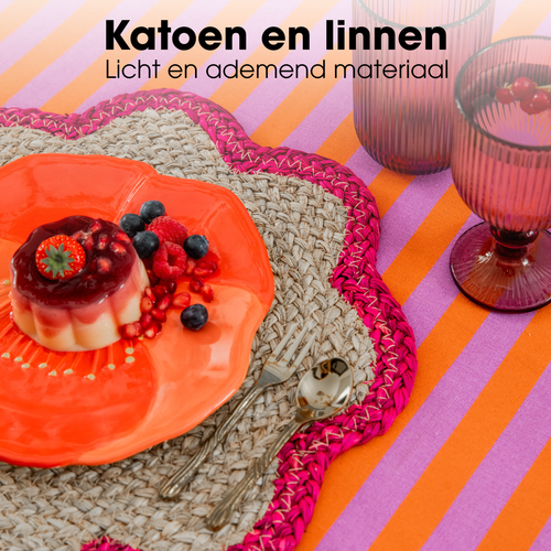 Mica Decorations Gestreept Tafelkleed voor Eettafel - Tafellaken voor Binnen en Buiten 250 x 140 cm - Tafelzeil 100% Katoen - Oranje, Roze