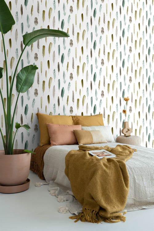 ESTAhome behang veren okergeel, bruin en vergrijsd groen - 53 cm x 10.05 m - 138896