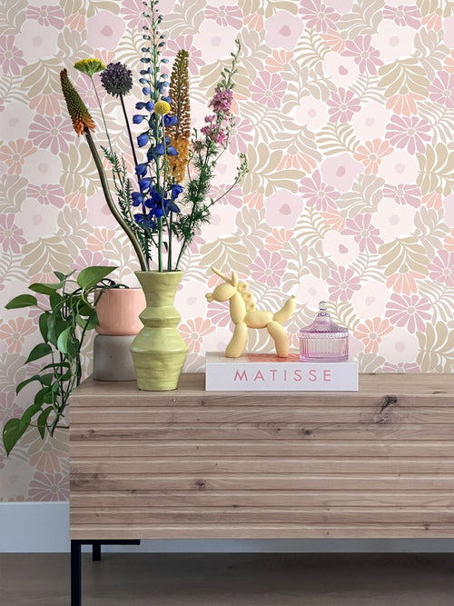 ESTAhome behang bloemen in Matisse stijl lichtpaars, groen en oranje - 53 cm x 10.05 m - 131002
