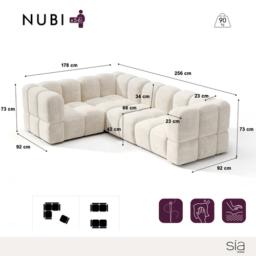 Sia Home - Modulaire hoekbank links NUBI - Fluweel met structuur - Crème - 570cm