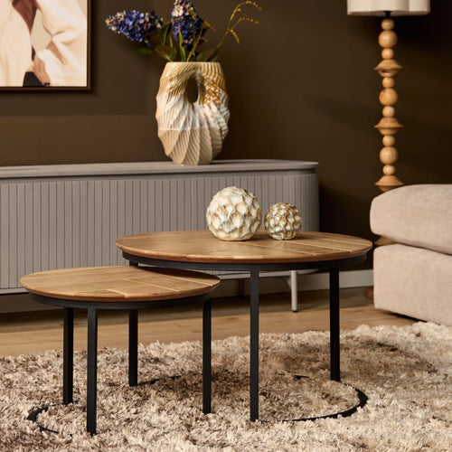 StarFurn Salontafel Otik - Rond Naturel Hout - Set van 2 - 70x70x45cm - vtwonen shop