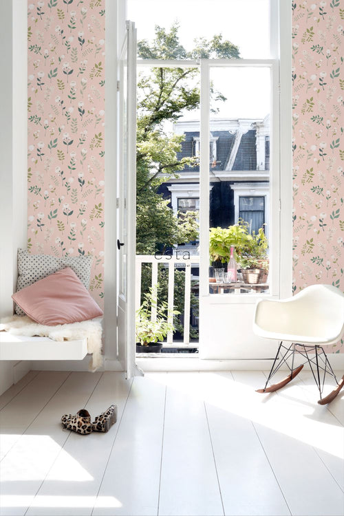 ESTAhome behang bloemen zacht roze, groen en wit - 53 cm x 10.05 m - 139340