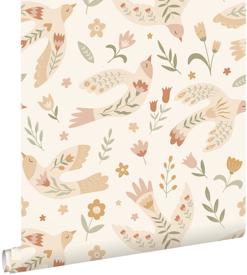 ESTAhome behang bloemen en vogels beige - 50 x 900 cm - 131754
