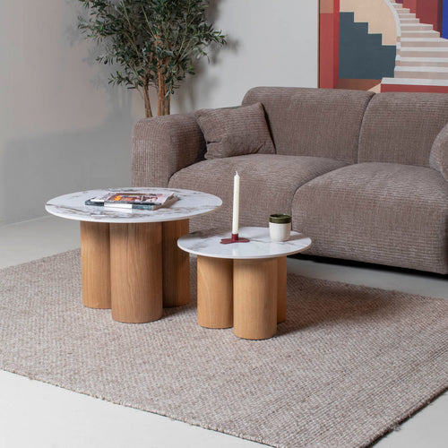 Giga Meubel Salontafel Alita - Wit Keramiek/Naturel - Ø70/50x42/32cm - Set van 2