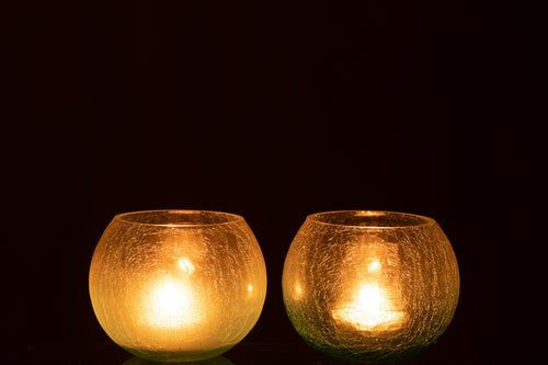 J-Line windlicht Bol Craquelé - glas - blauw - medium - 2 stuks