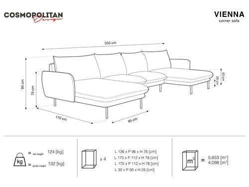 Cosmopolitan Design Panoramische bank Vienna 6-zits, flueel, donkerblauw - 170x350x95cm