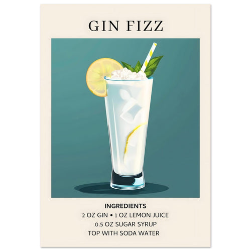 Artfulprints Poster met Lijst Gin Fizz cocktail - Ingrediënten   - A4 21x29.7 cm - Blauw