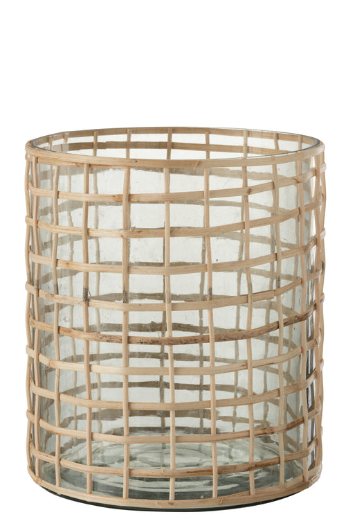 J-Line windlicht Violet Breed - glas/riet - naturel