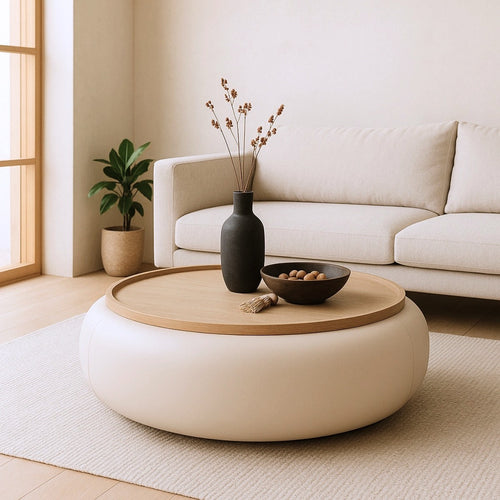 DÉJA Living Salontafel Draby - Beige/Naturel - PU Leer - Ø102x34cm - vtwonen shop