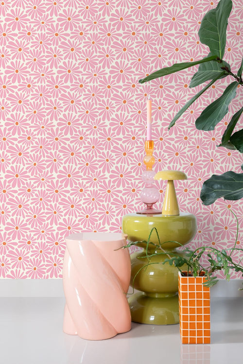 ESTAhome behang madeliefjes roze en oranje - 53 cm x 10.05 m - 131149