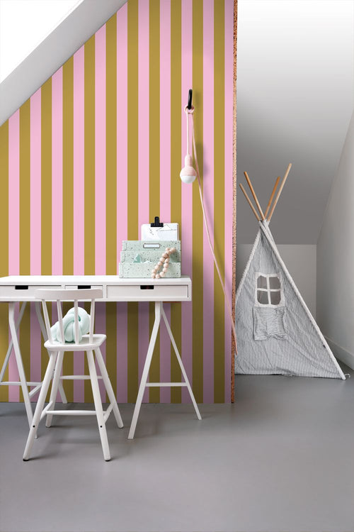 ESTAhome behang strepen lila roze en mosterdgeel - 50 x 900 cm - 131975