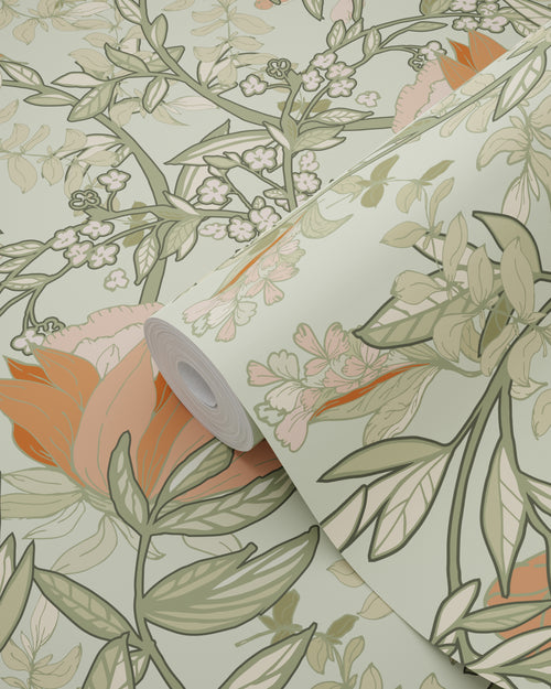 ESTAhome behang vintage bloemen in art nouveau stijl groen en terracotta - 50 x 900 cm - 131852