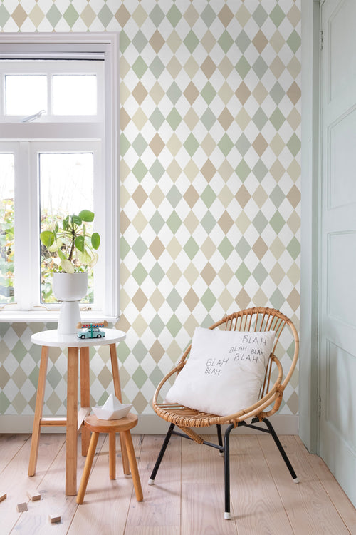 ESTAhome behang ruitjes beige, blauw en groen - 50 x 900 cm - 131760